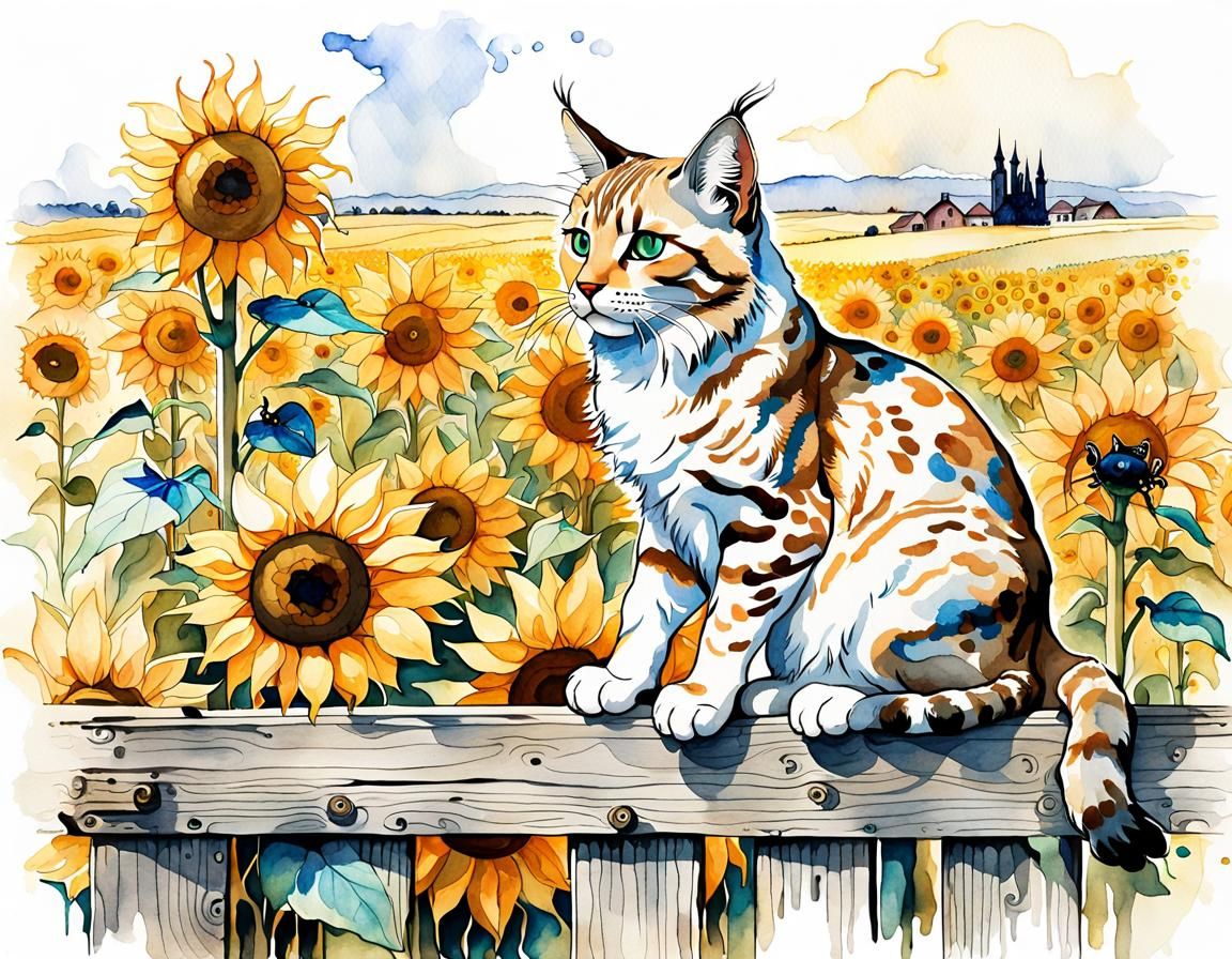 Lynx Point Cat in Sunflower Field: Watercolor Art