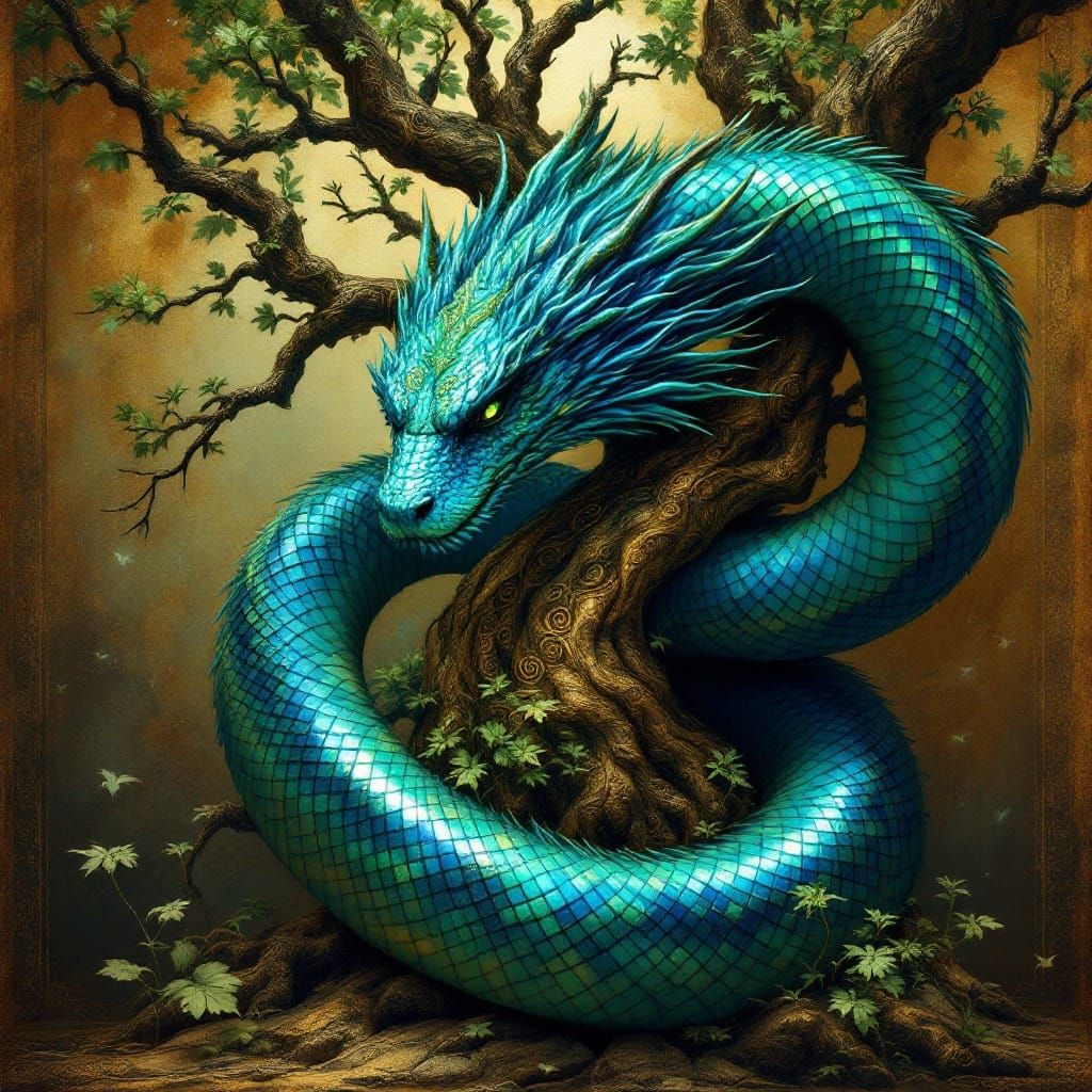 Majestic Serpent Encircles Ancient Tree in Luminous Iridesce...