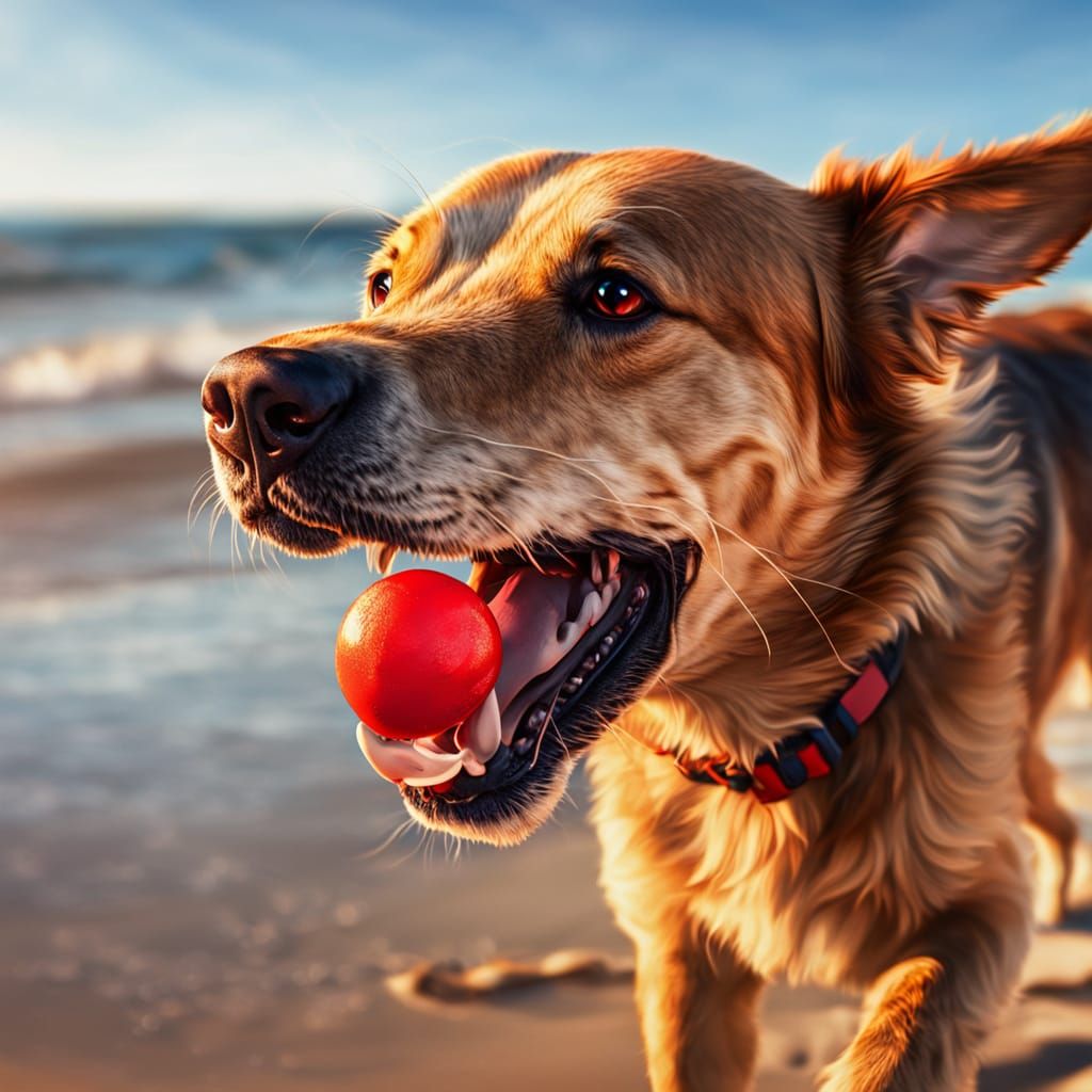 Dog Catching Frisbee at Beach in Hyper-Realistic Style