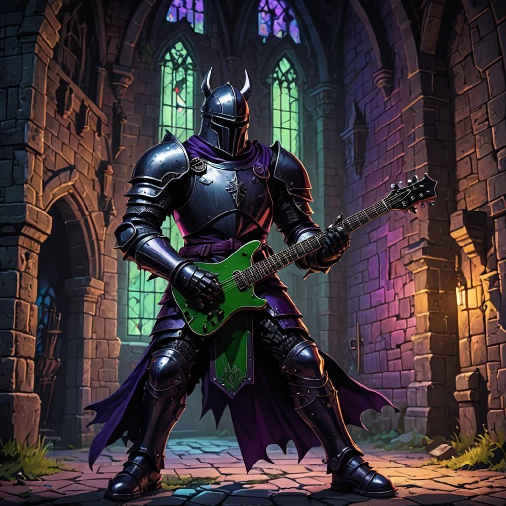 Gothic Cartoon Knight with Electric Guitar