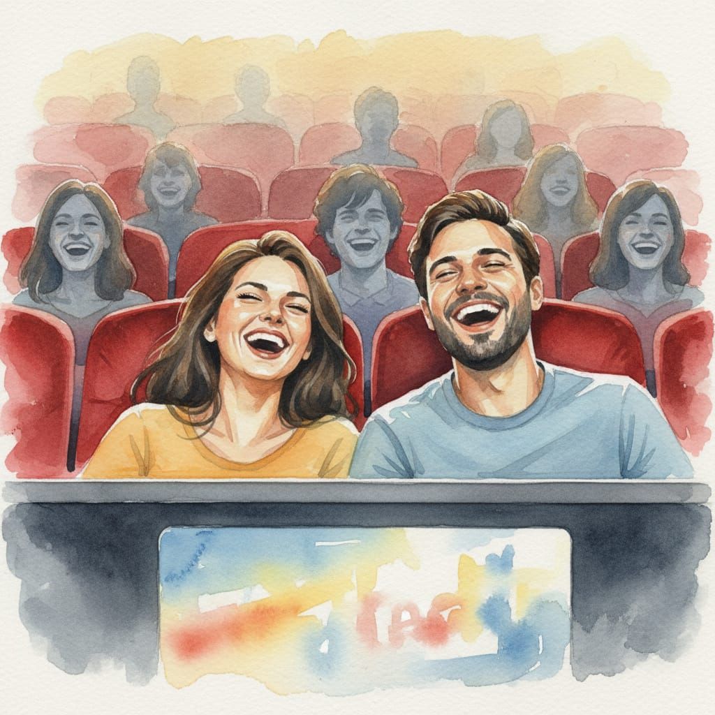 Joyful Couple Laughing in Cozy Cinema, Watercolor Style