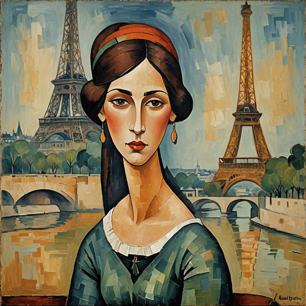 Jeanne Hebuterne Portrait with Eiffel Tower, Modigliani Styl...