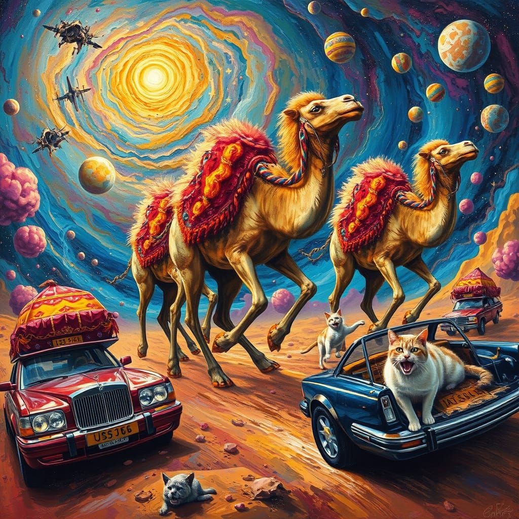 Cosmic Camels Cha Cha in Surreal Nebula Oil Painting
