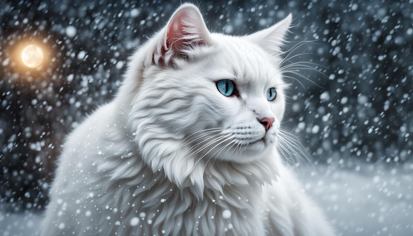 Hyperrealistic White Cat in a Snowstorm