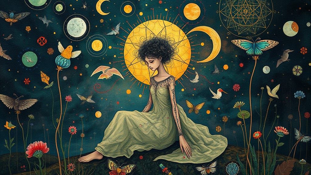 Surreal Figure in Dreamlike Aura Amidst Kaleidoscope of Text...