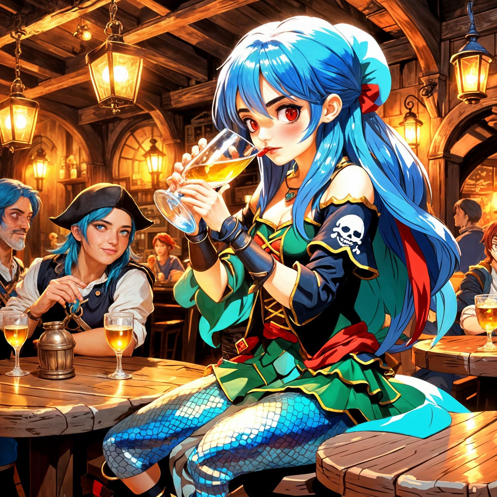 Pirate Mermaid in Tavern: Anime Style Digital Art