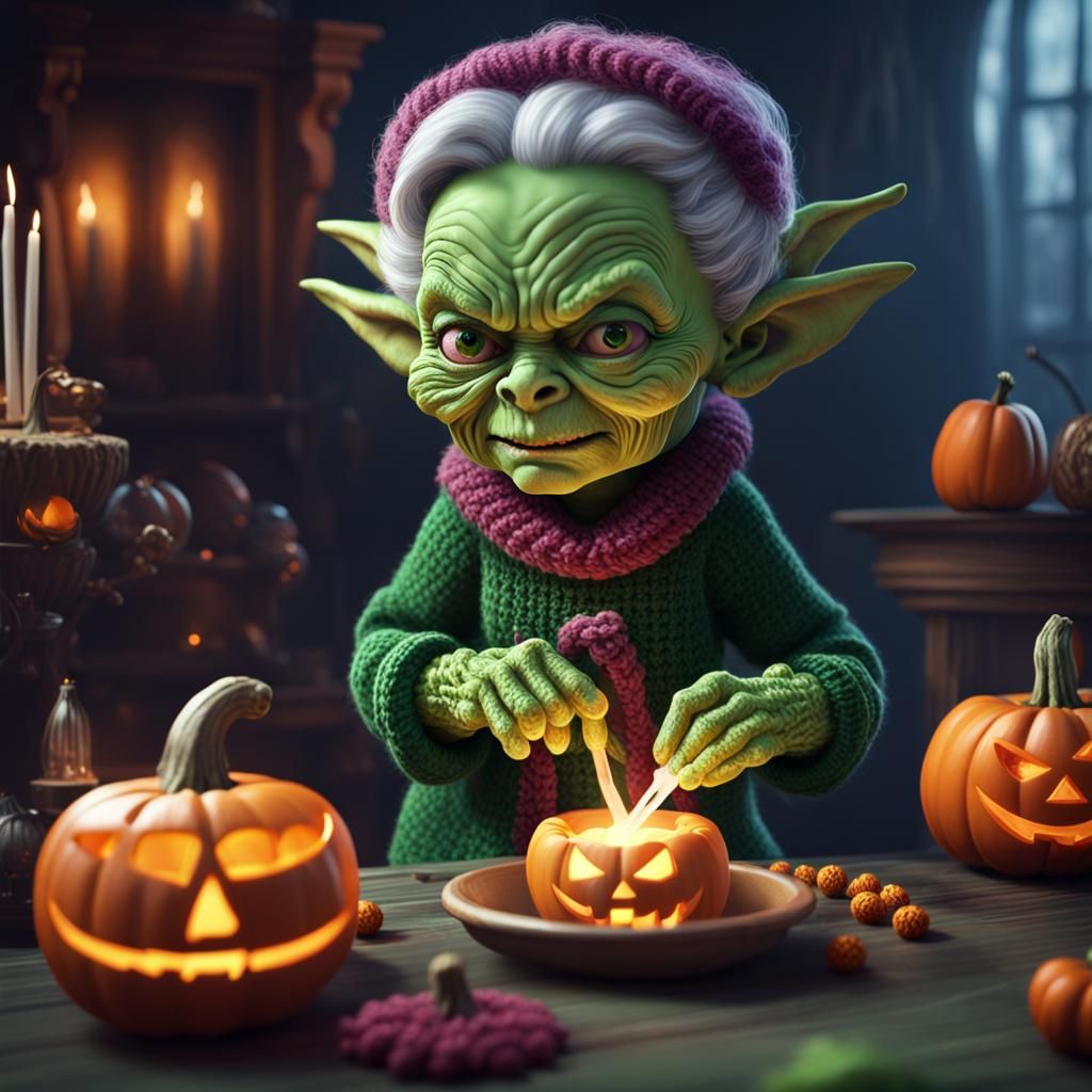 Green Goblin Grandma Crocheting Halloween Sweater