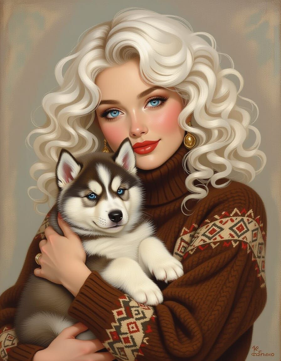 Woman with White Curls Holding Husky Puppy
