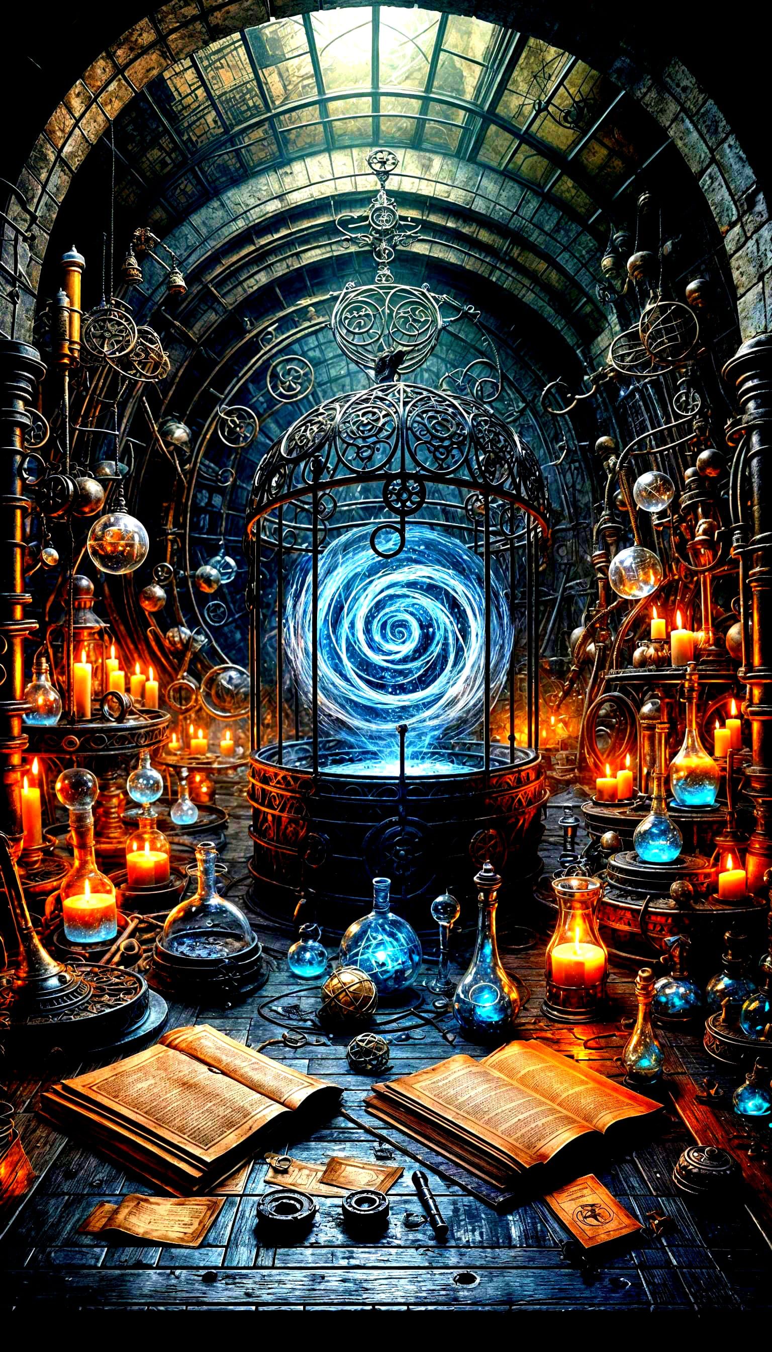 Medieval Alchemist's Workshop with Magical Vortex