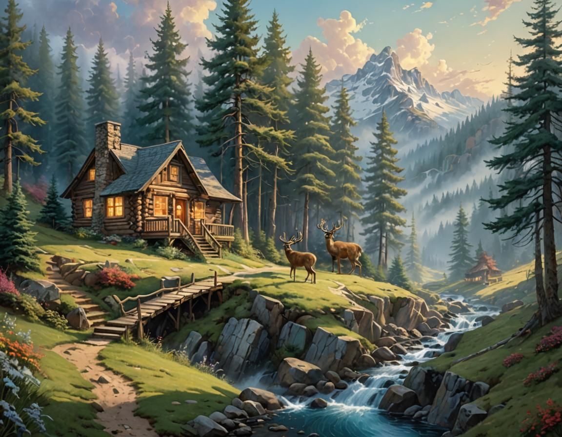 Isolated Cabin Retreat with Deer, in Ethereal Style
