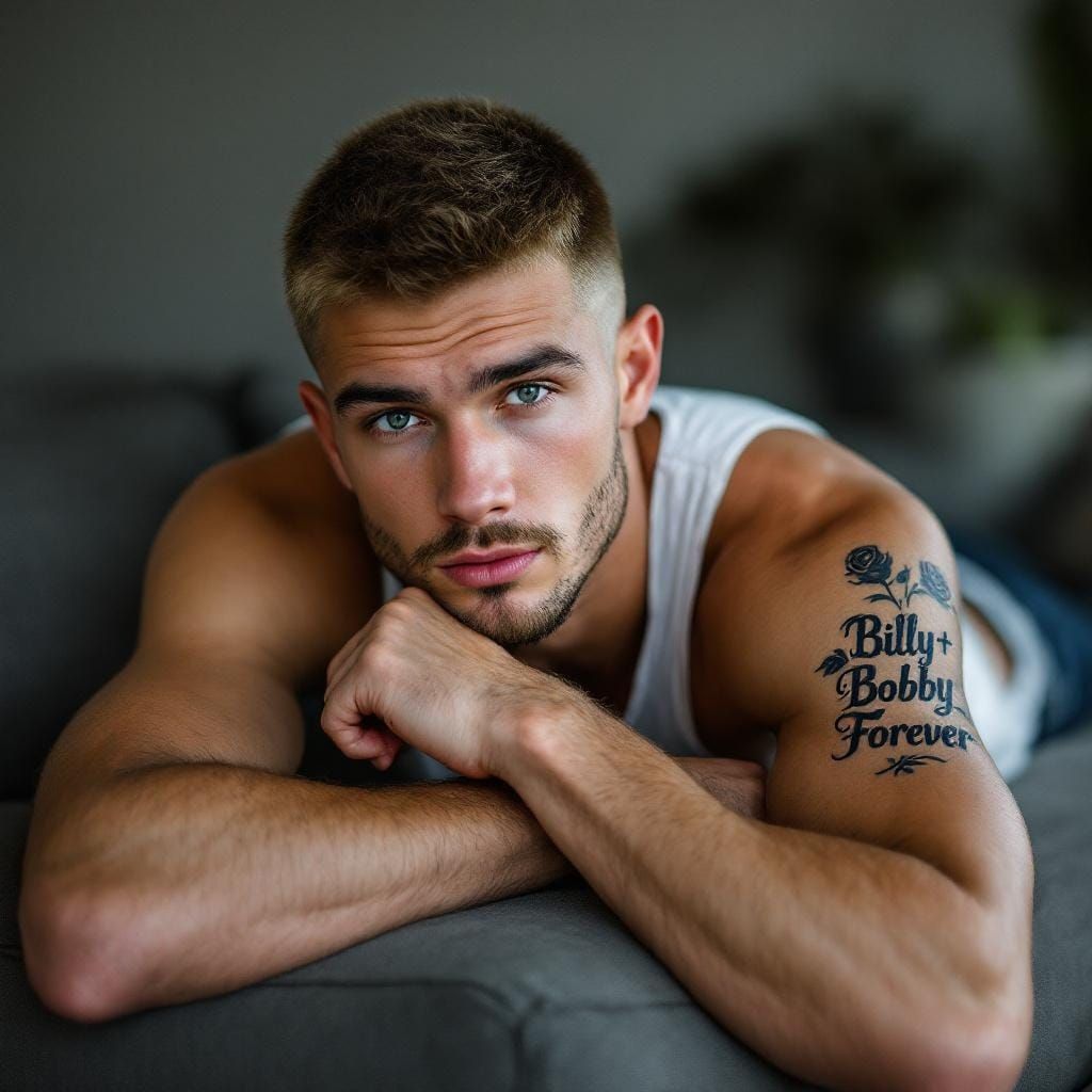 Portrait of Handsome Young Man with Tattoo in Hyperrealism