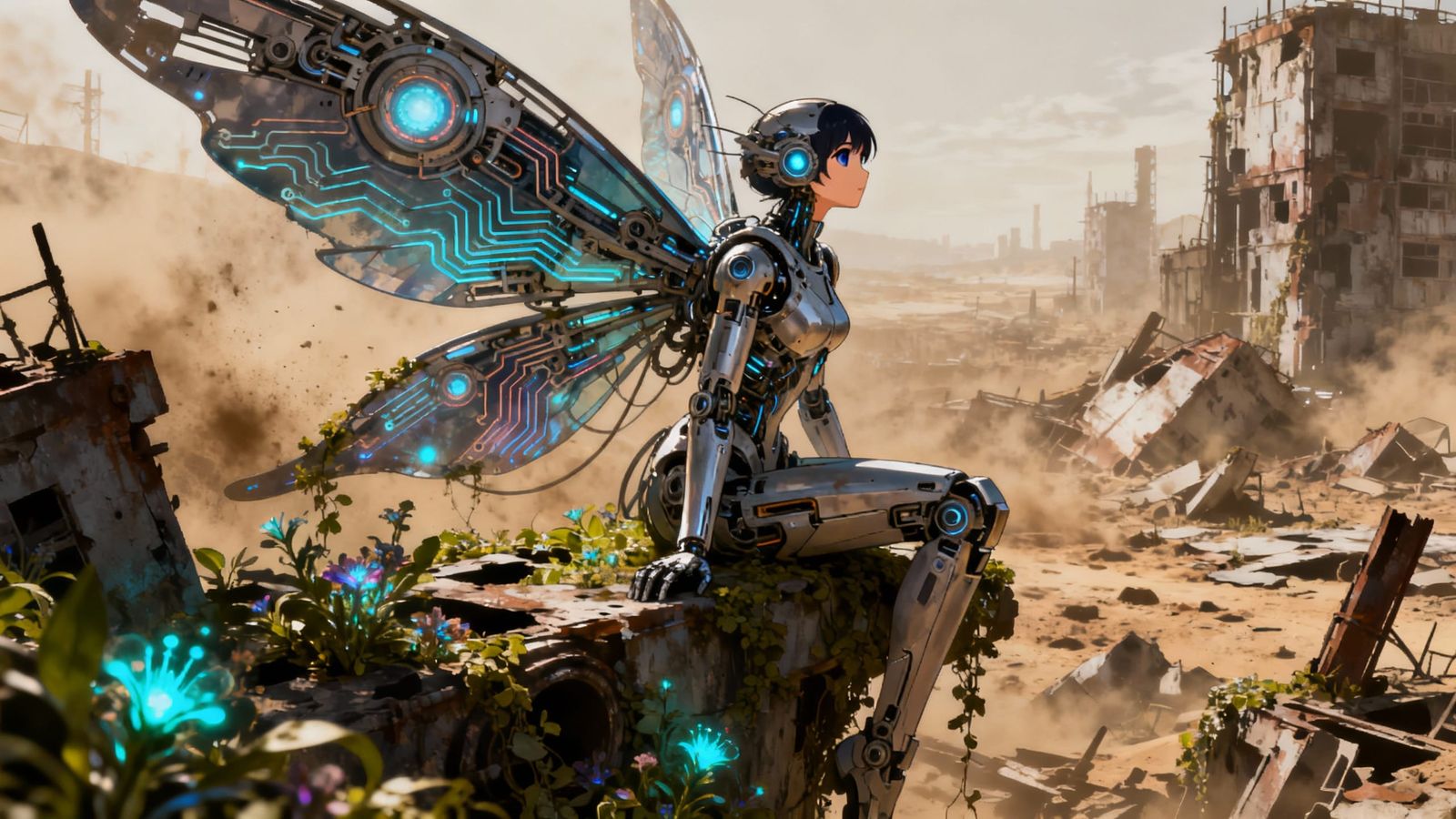 Cyborg Fairy in Post-Apocalyptic City