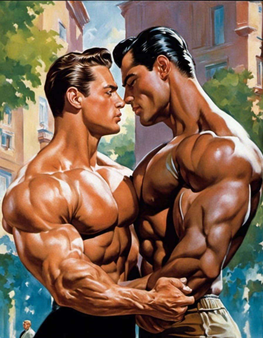 Passionate Embrace: Bodybuilders in a Hyperrealistic Digital...