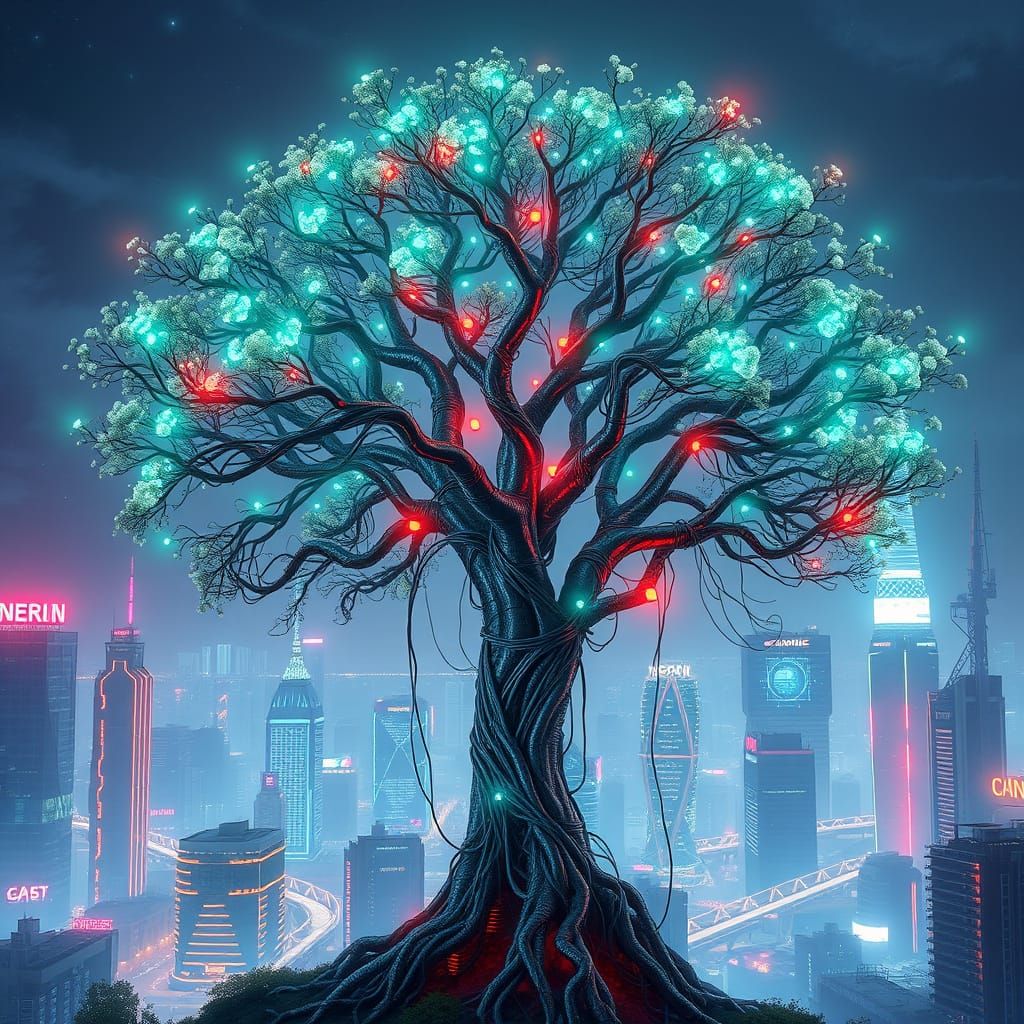 Futuristic Cyberpunk Tree Shines in Neon-Lit City