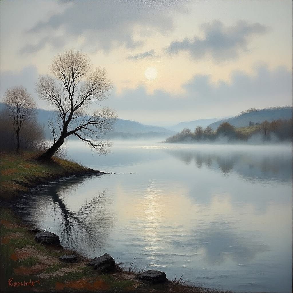 Misty Shoreline Impasto Oil Painting