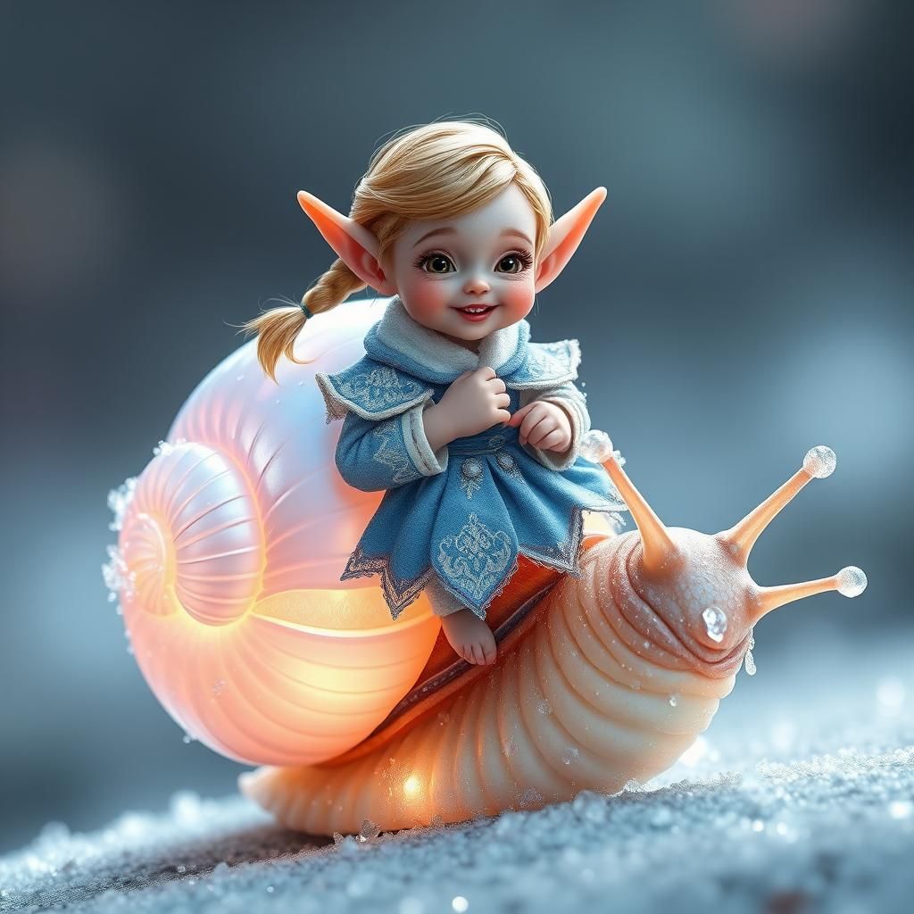 Elf Child Rides Iridescent Snail Shell