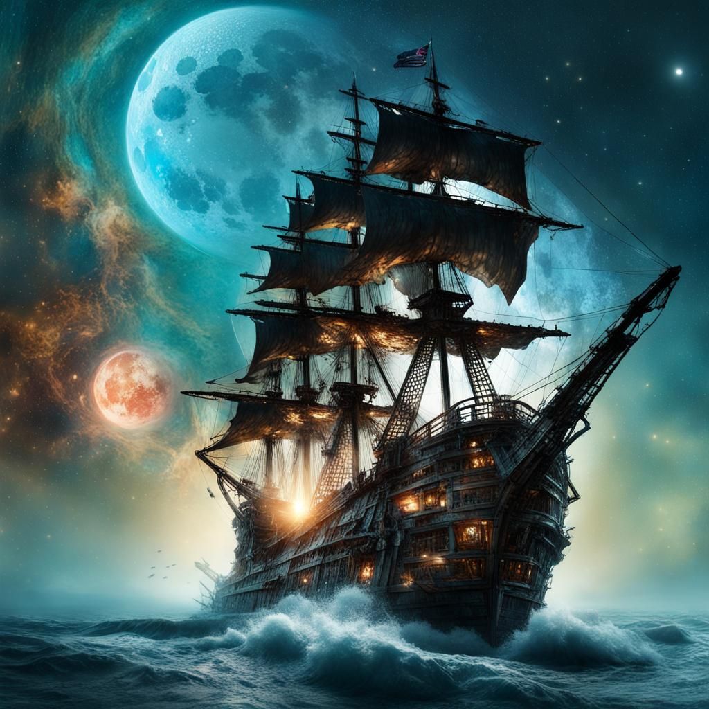 Pirate Ship in Space Under the Moon