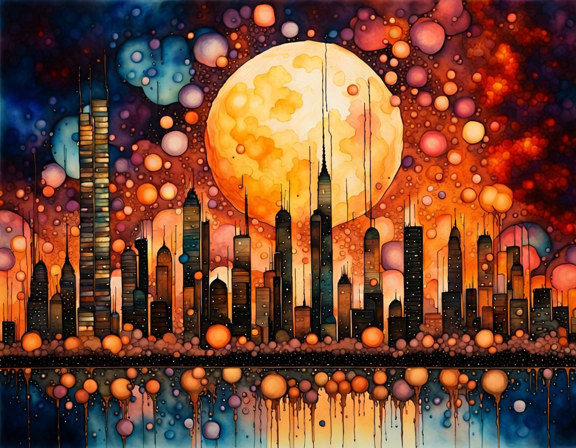 Fractal Ink Cityscape at Midnight in Ink Wash Style