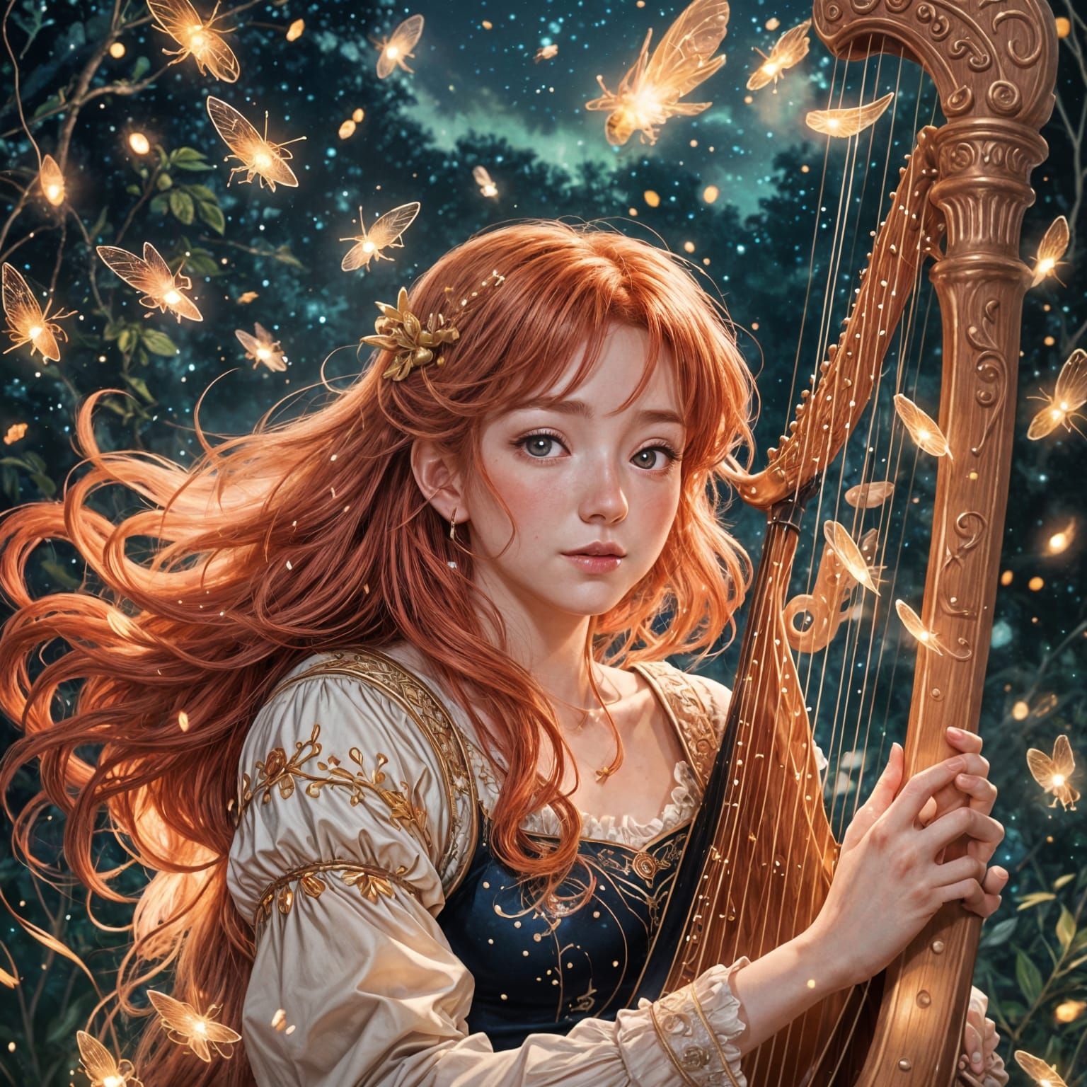 Red-Haired Bard with Harp in Manga Style