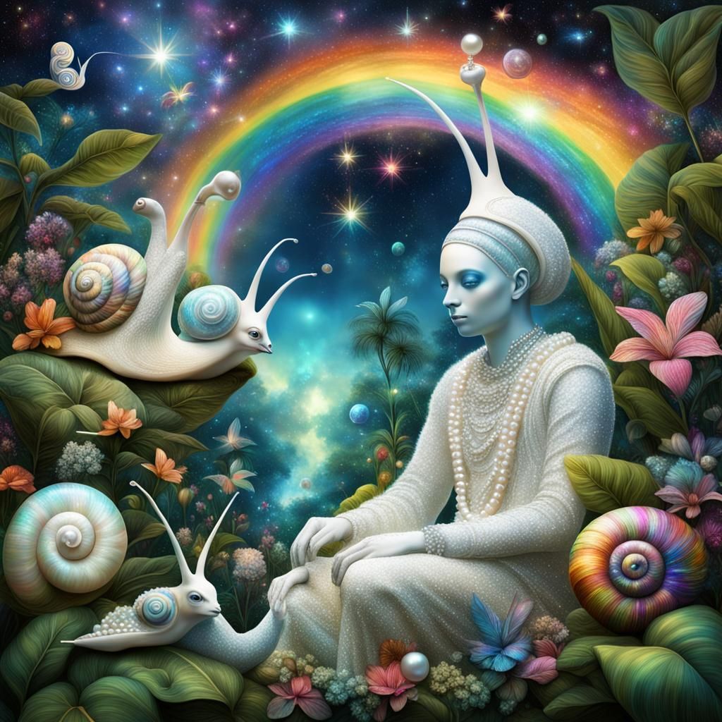 Cosmic Snail-People in a Tropical Garden