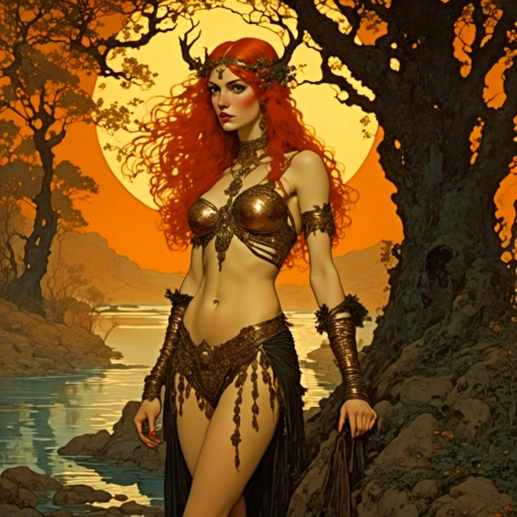 Sunset Woman in String Bikini, in Fantasy Art Style