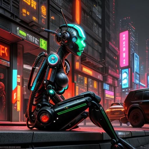 Post-Apocalyptic Robot in Cyberpunk Cityscape