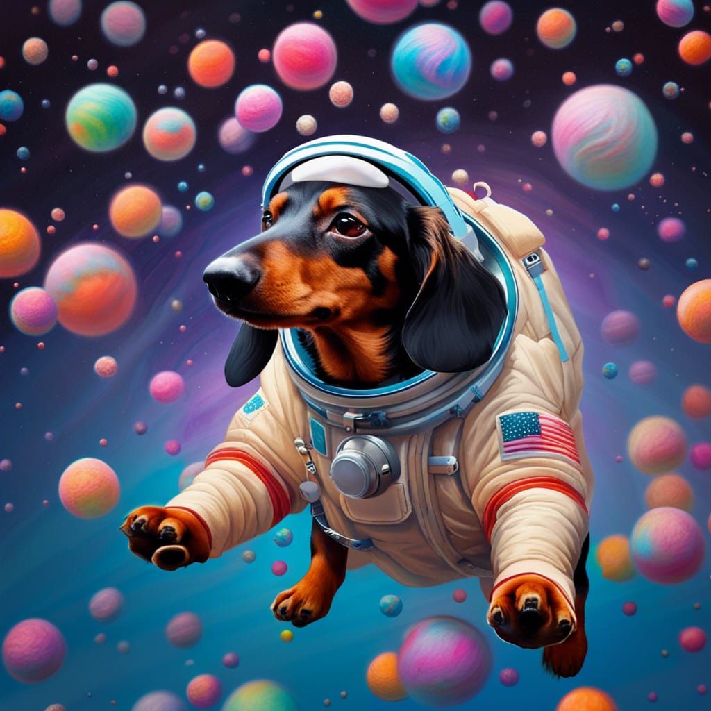 Daschund Astronaut Puppy in Colorful Space, Digital Art