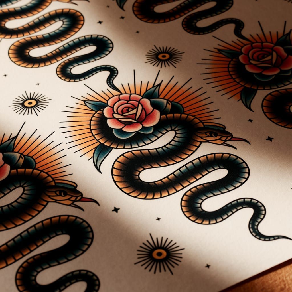 Mystical Snake Flash Tattoo Sheet in Traditional Style