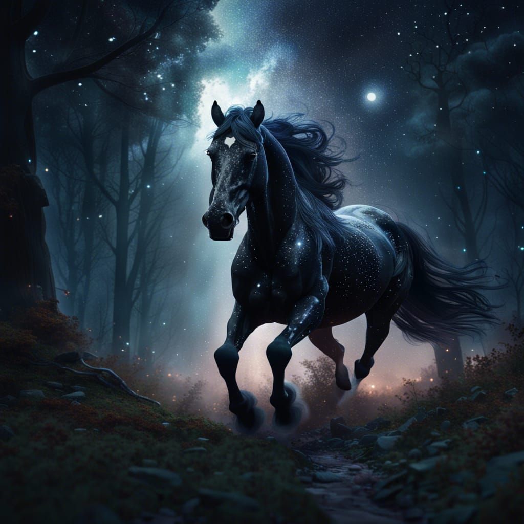 Black Horse Running Under Stars: Fantasy Concept Art