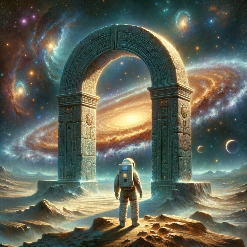 Astronaut Explores Ancient Archway Amidst Cosmic Nebulae