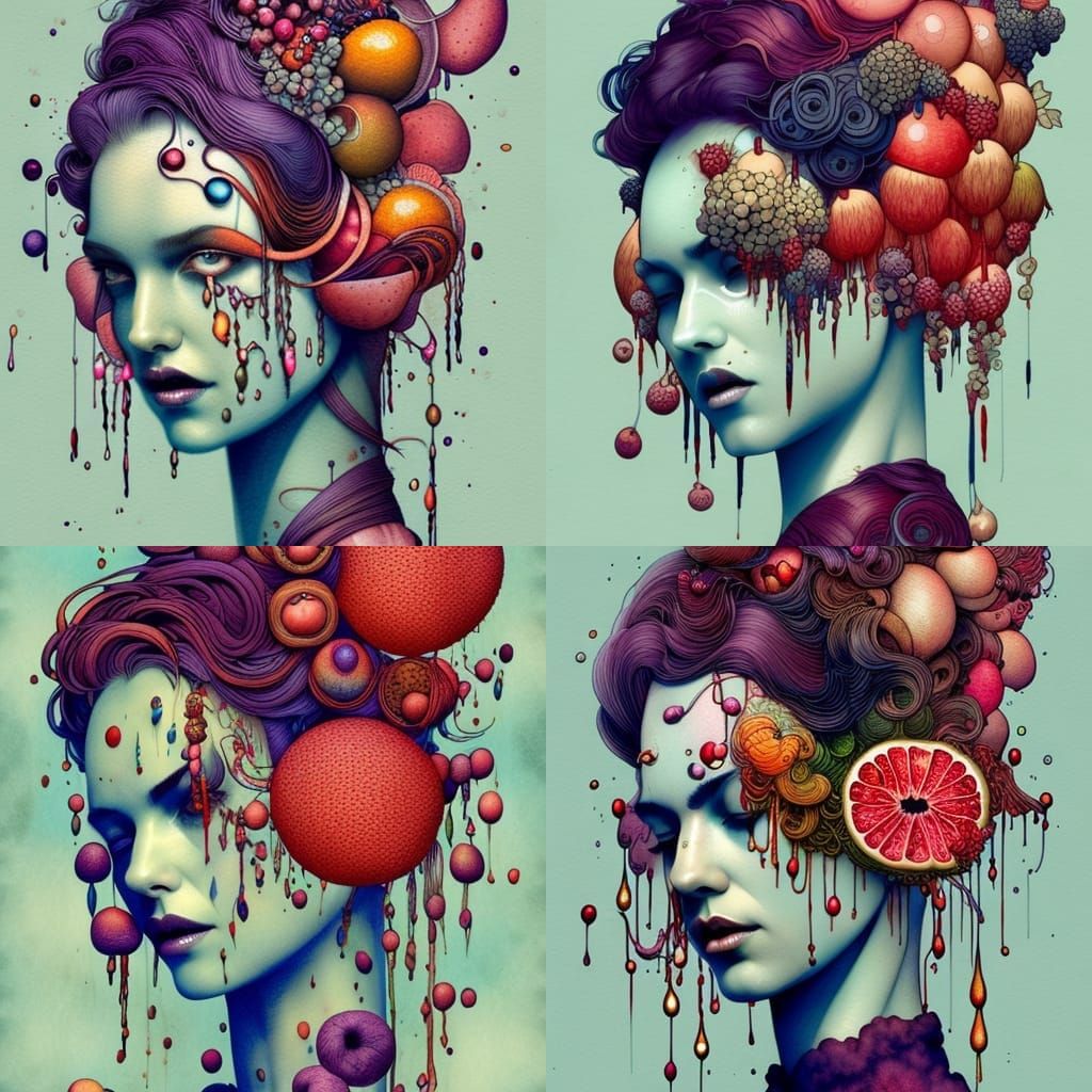 Lady with Fruit Hair in Watercolor Style