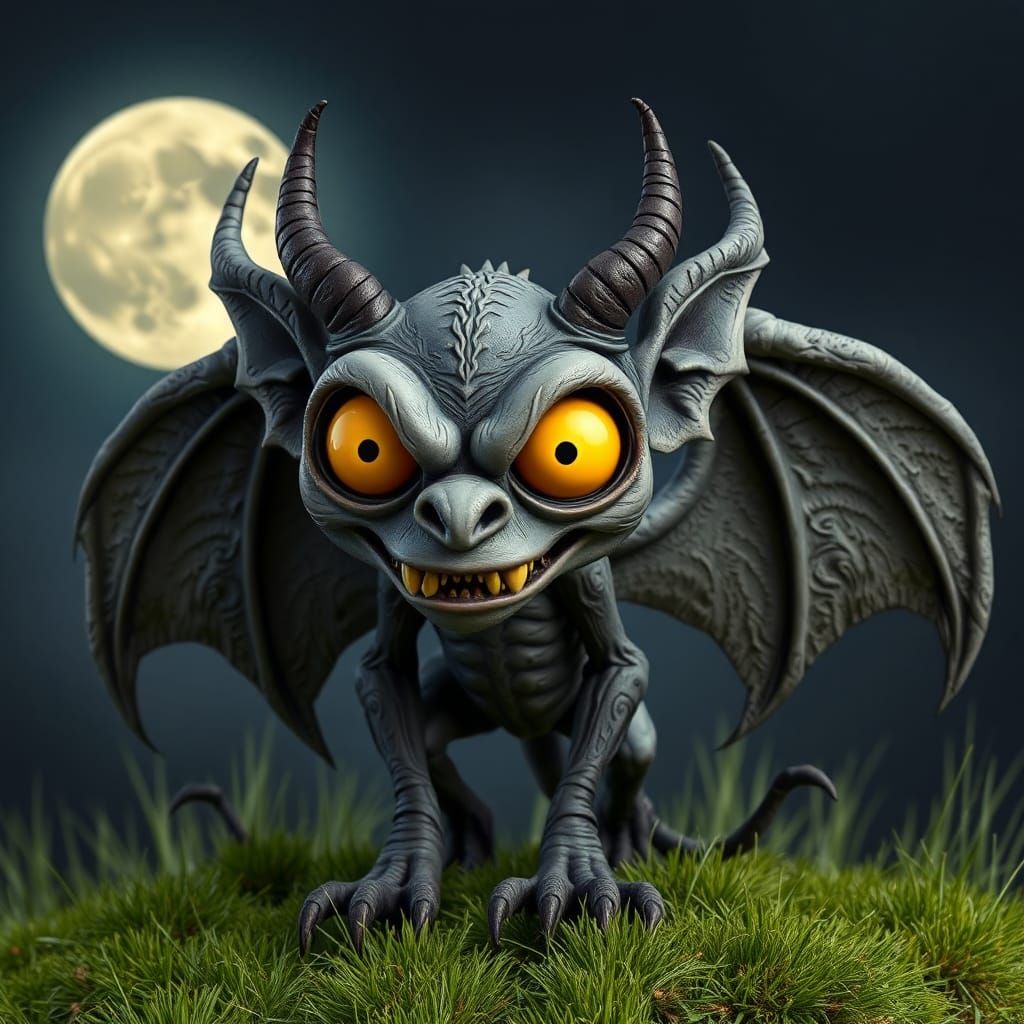 Claymation Gargoyle with Poppy Eyes Under Full Moon