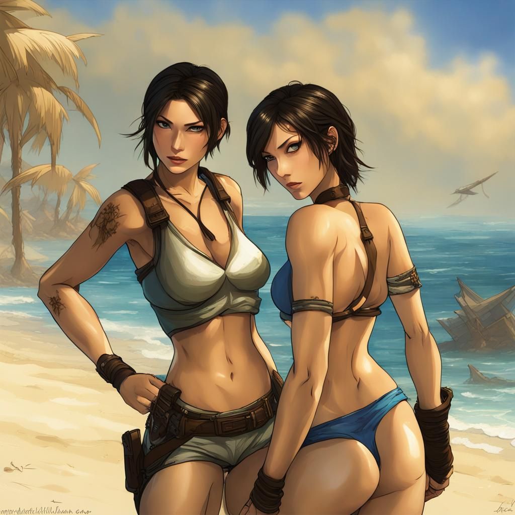Lara Croft and Ada Wong on a Sunny Beach