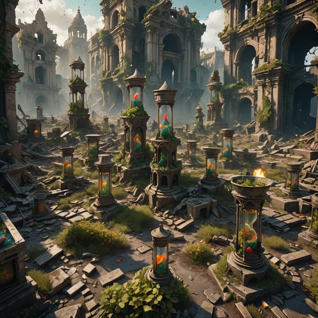 An army of hourglasses stretching to the horizon through a r...
