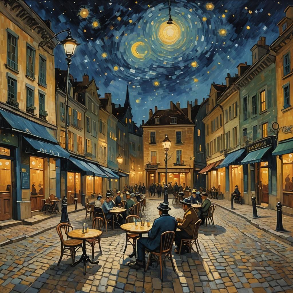 Night Cafe Scene in Impressionist Style