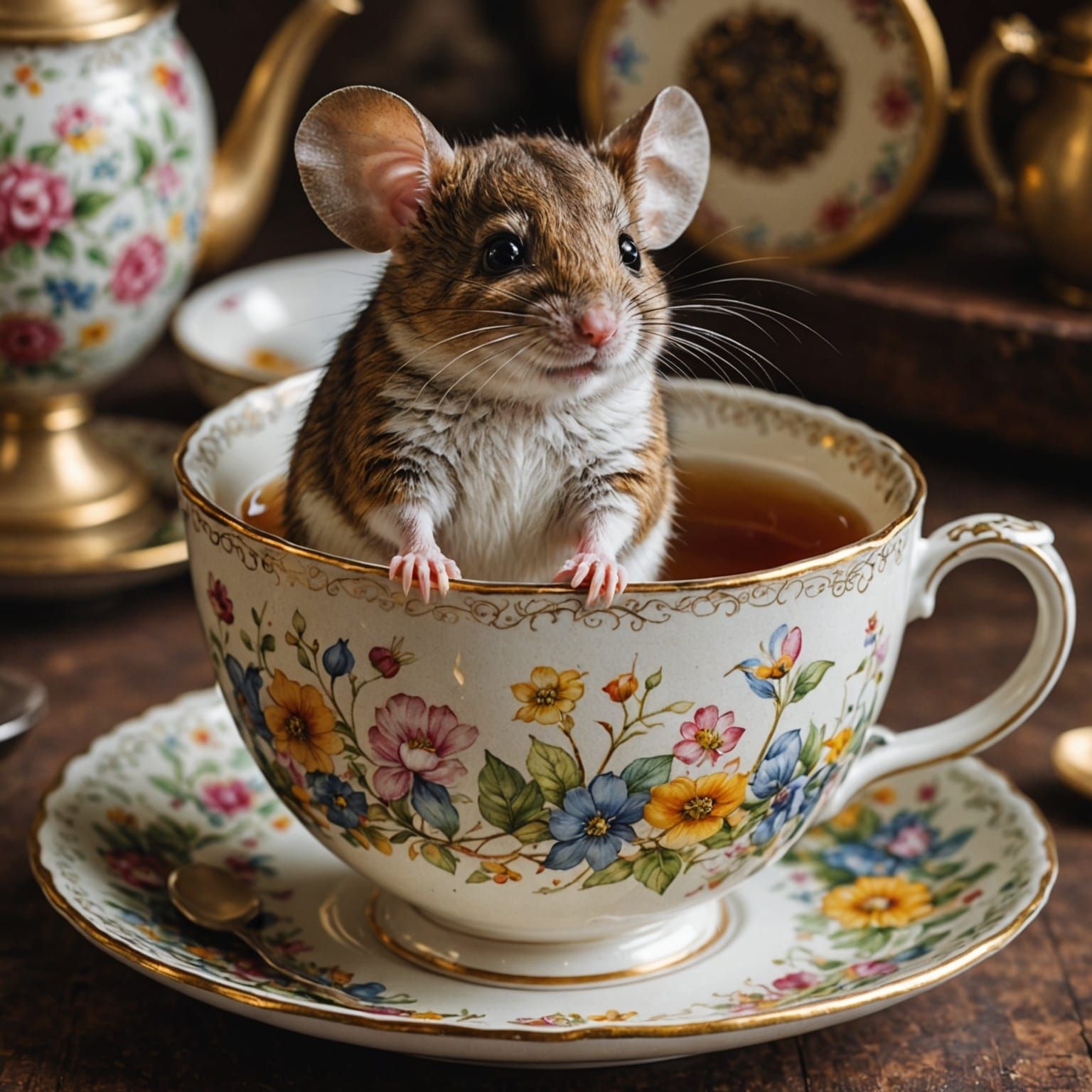 Whimsical Mouse in Antique Tea Cup