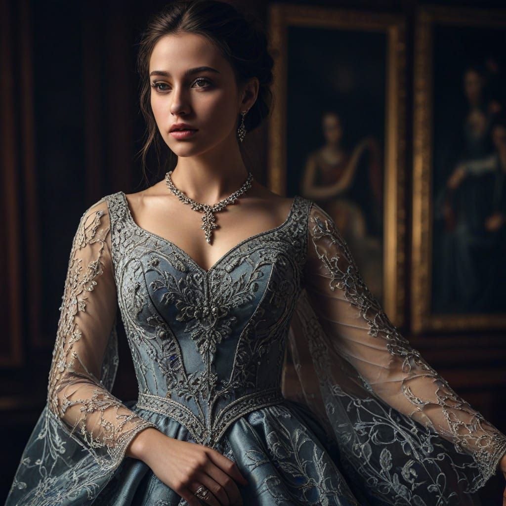 Hyperrealistic Portrait of a Beautiful Woman in Elegant Dres...