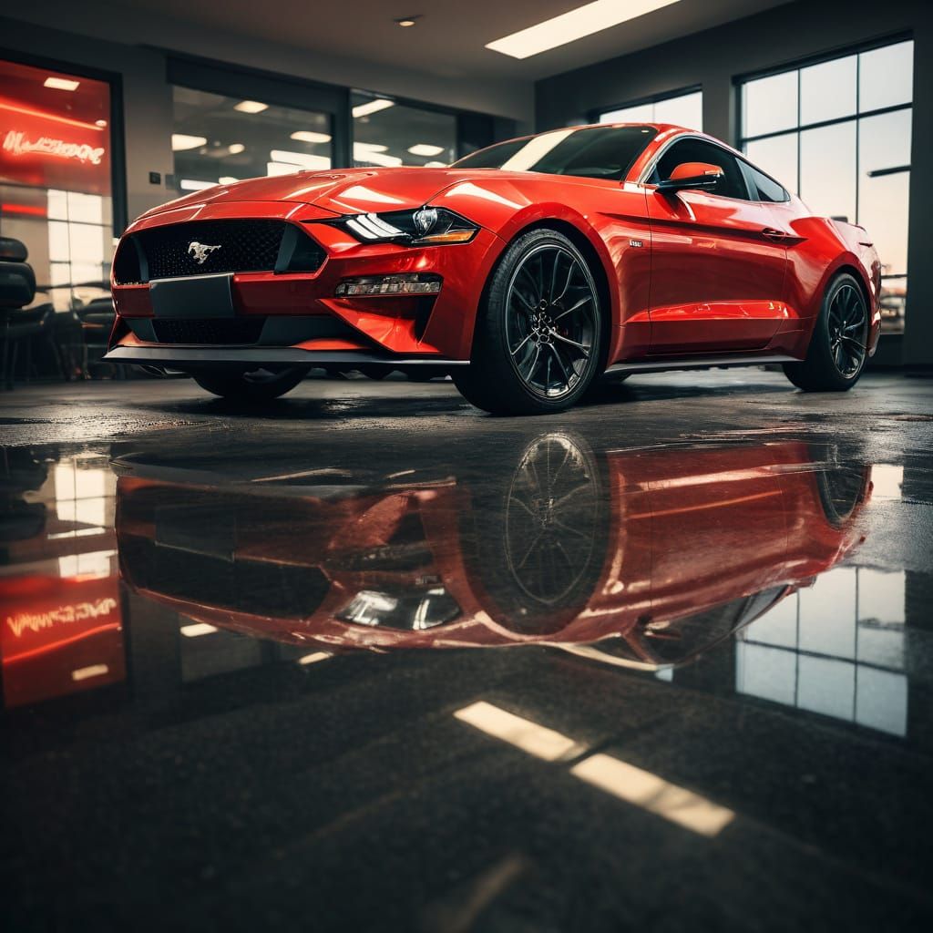 Red 2025 Ford Mustang in Showroom: Cinematic Style