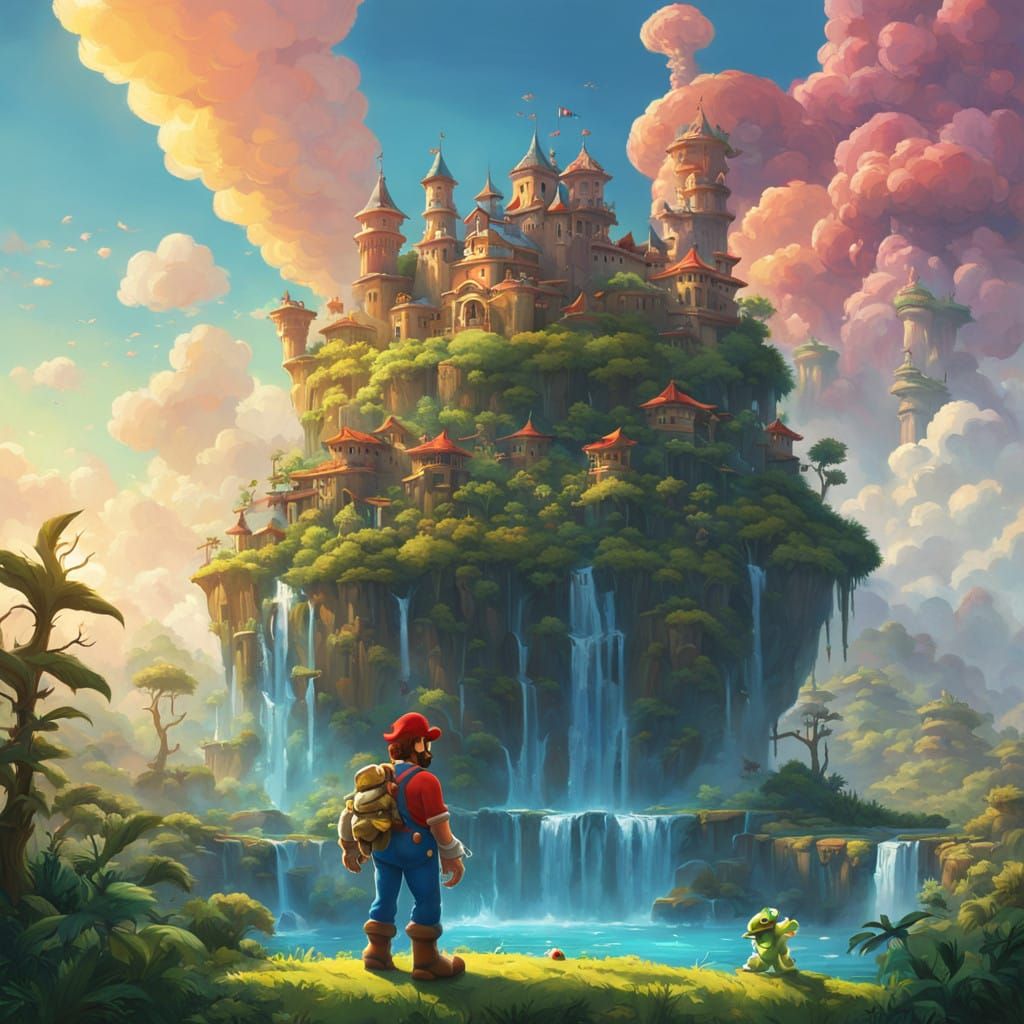 Mario Triumphs with Majestic Koopa in Vibrant Fantasy Realm