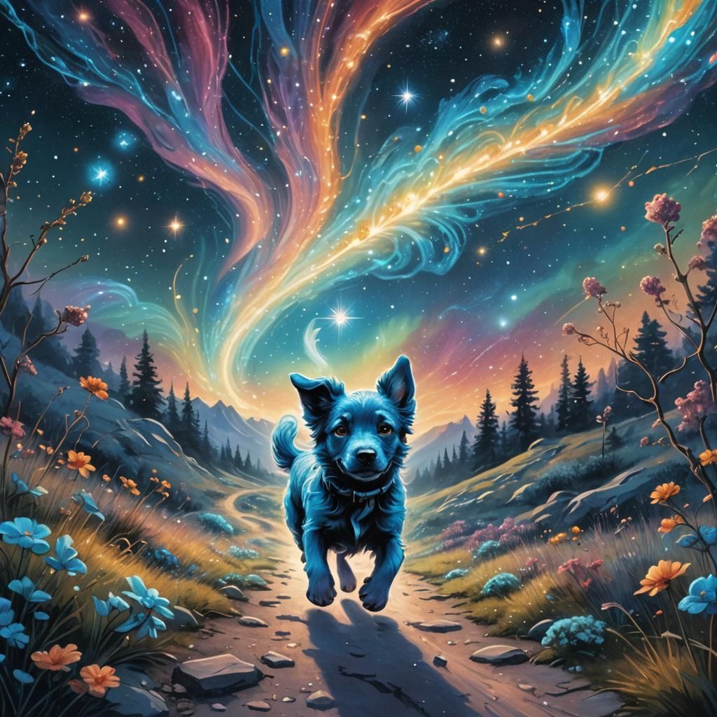 Blue Smurf Dog Walks Celestial Path
