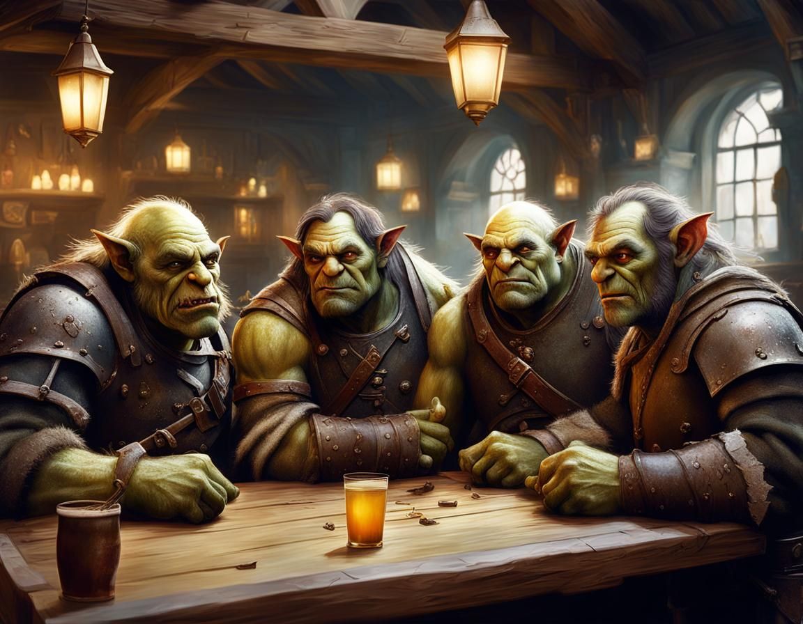 Friendly Orcs in Fantasy Tavern: Hyperrealistic Photorealism