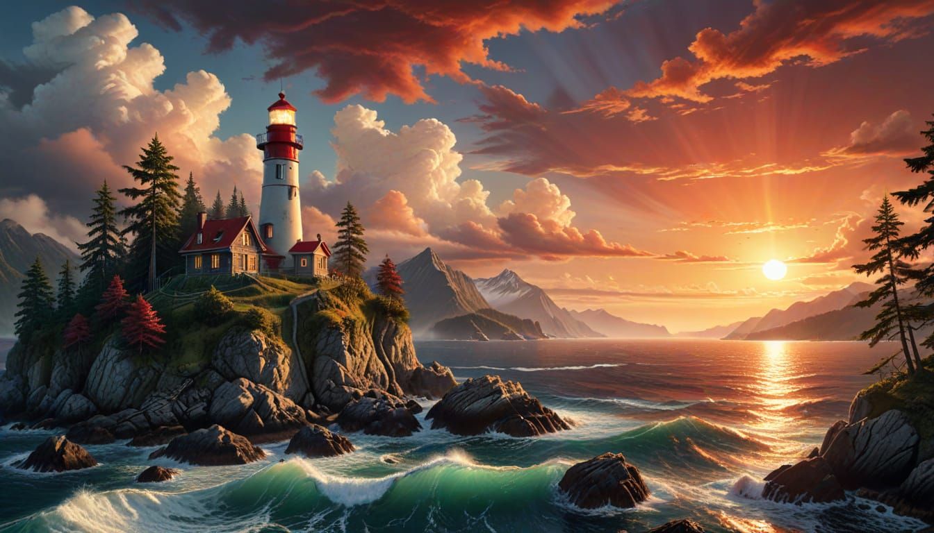 Island Lighthouse Sunset: Hyperrealistic Oil Painting