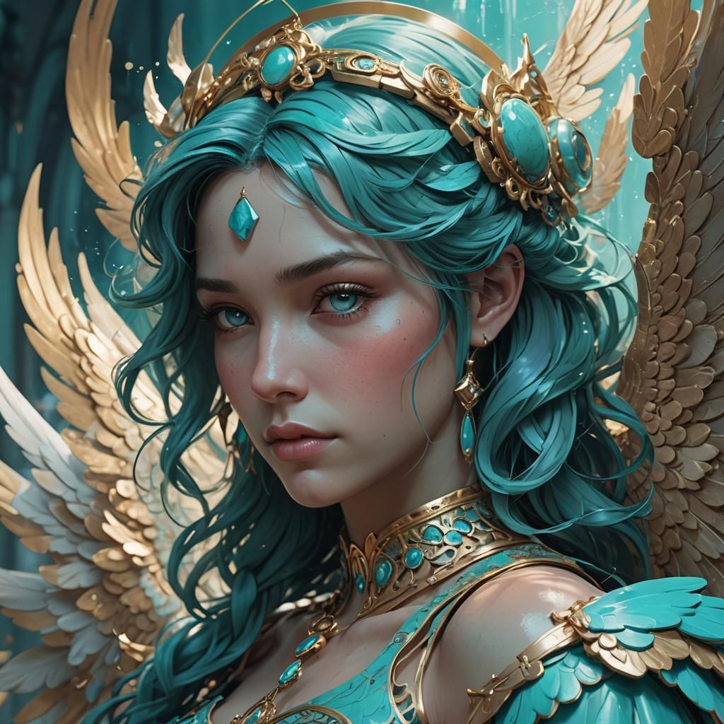 Turquoise Angel Portrait in Hyperdetailed Splash Art