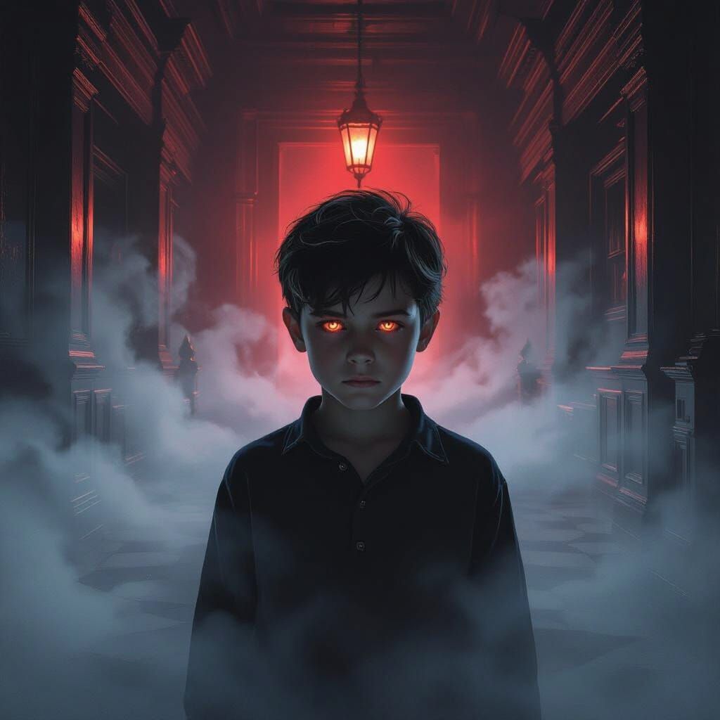 Boy in Haunted Mansion with Eerie Red Light