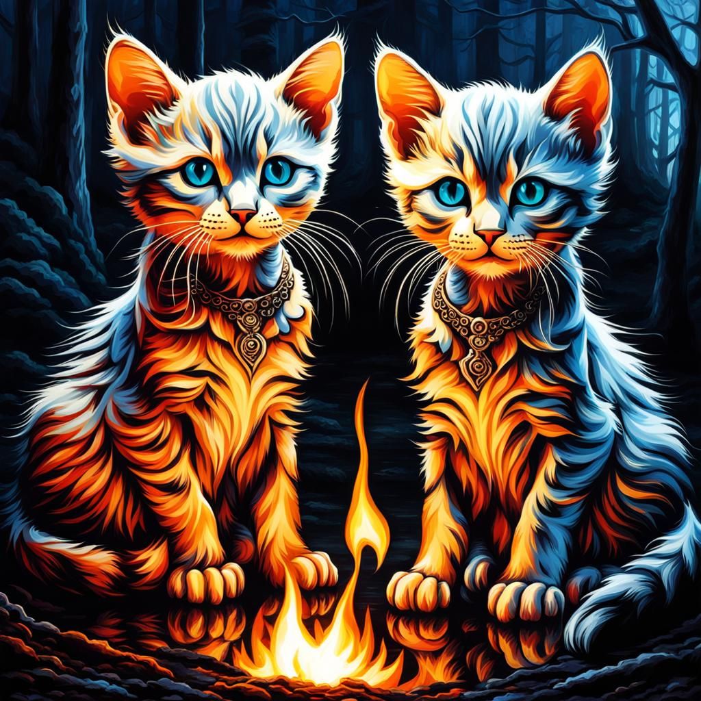Mirrored Skeleton Kittens in Fire and Ice