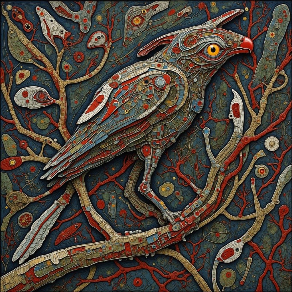 Iridescent Parrot on Steampunk Tree in Art Deco Style