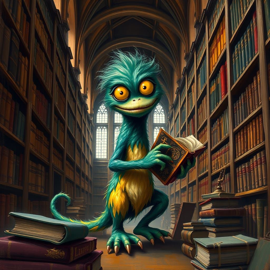 Cheerful Book Monster in University Library, Neo-Impressioni...