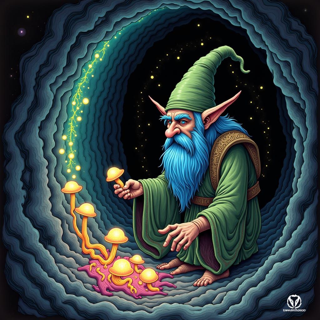 Gnome Wizard Picks Glowing Mushrooms in Bioluminescent Cave