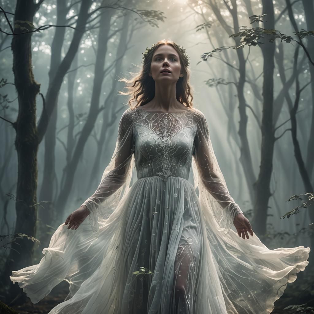 Amazing ghost woman with withe luminescente dress