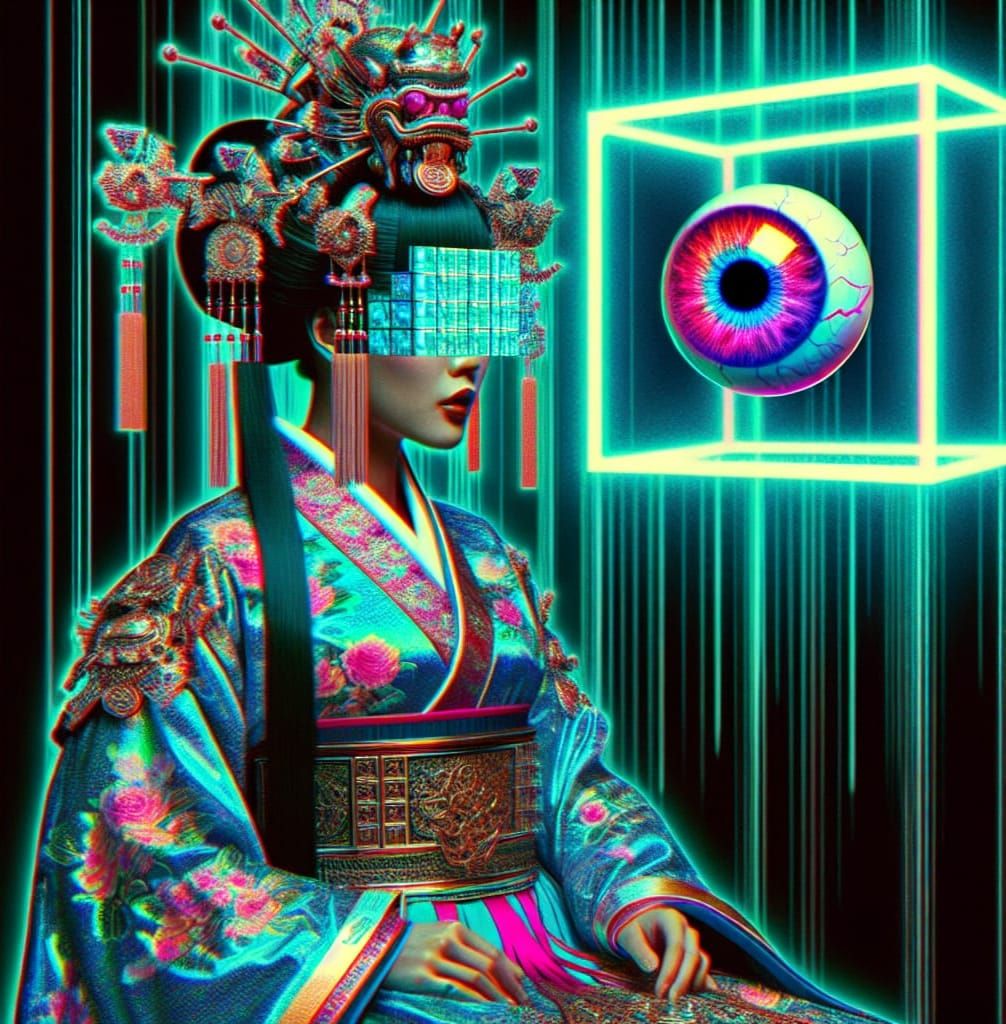 Glitchcore Qing Concubine with Holographic Hanfu